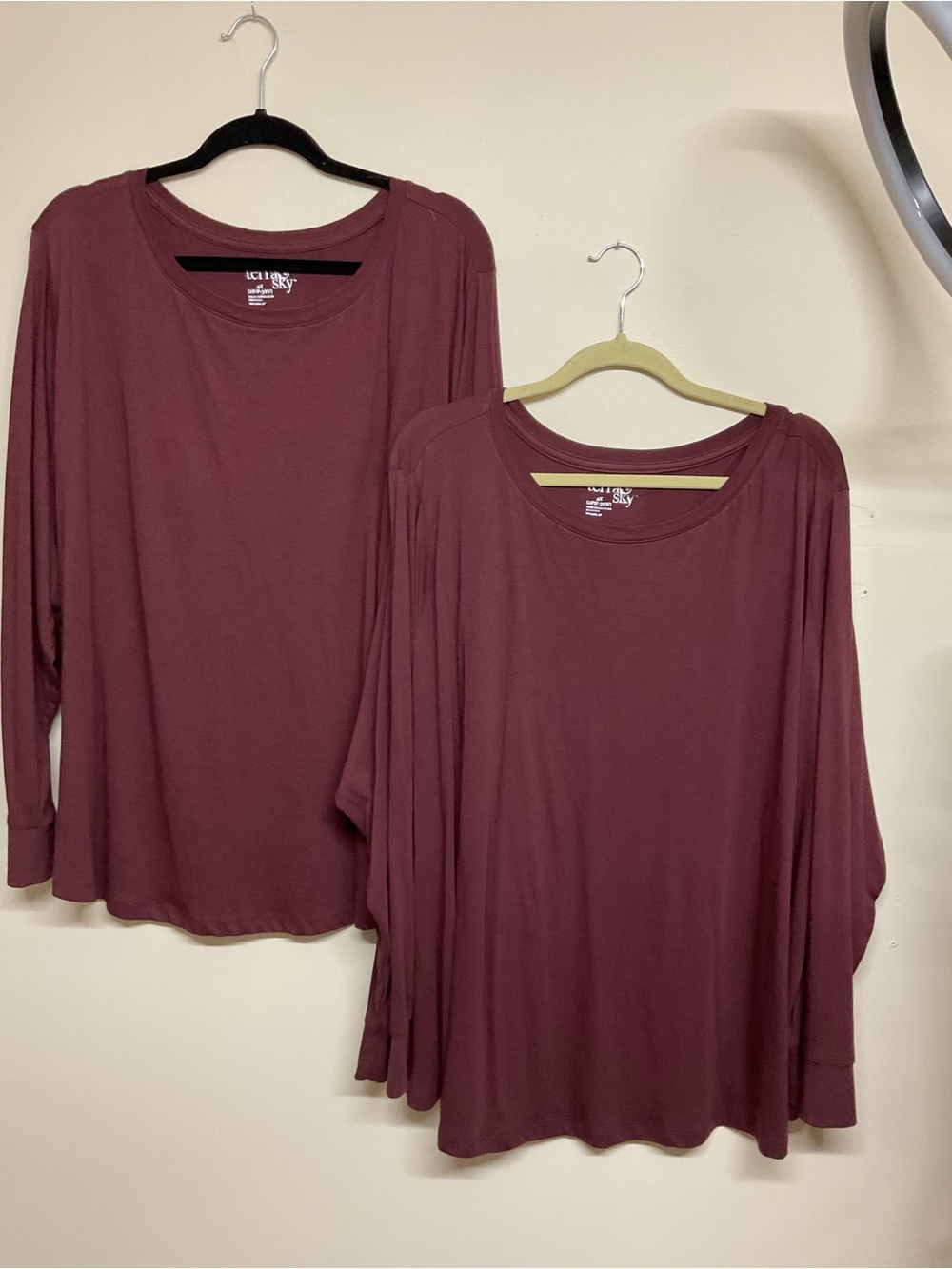 Terra & Sky Long-Sleeve Crewneck Top in Wine/Burgundy